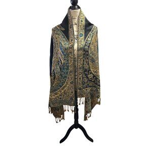 Pashmina Paisley Patterned Reversible Shawl/Wrap With Fringe - Teal & Gold - Wom